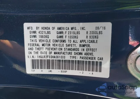 2017 Honda Accord Sport from USA, damaged, VIN 1HGCR2F55HA061000